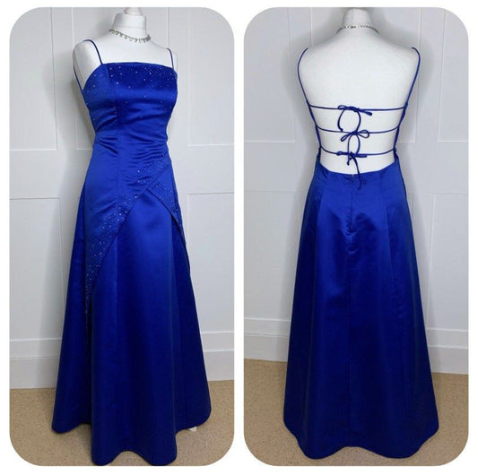Bescheidenes A-Linien-Spaghettiträger Royalblaues Satin mit Perlen ärmelloses langes Abendkleid Ballkleid zum 21. Geburtstag Abschlussballkleider N2415
