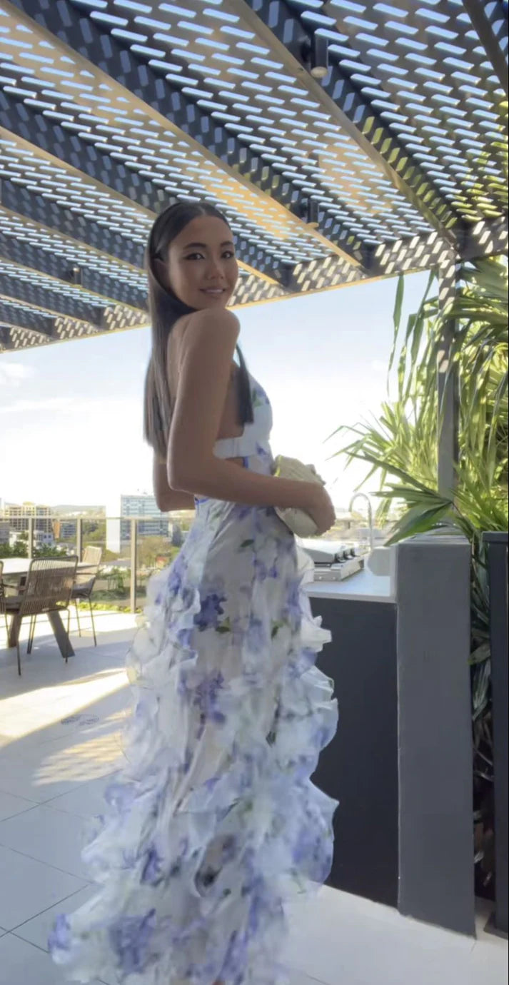 Floral Ruffle Maxi Dress Blue Sleeveless Floor Length Backless Prom Dresses AB620