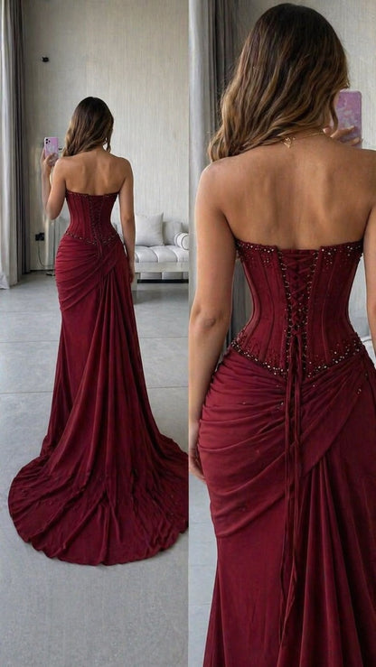 Prom Dress Mermaid Strapless Burgundy With Beaded Floor Length Graduation Party Dress RC0903
