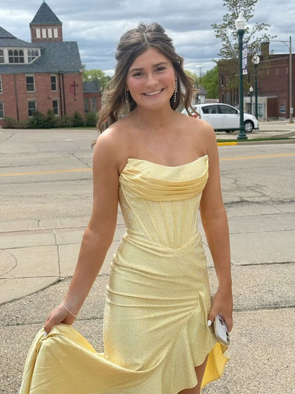 Sparkly Mermaid Strapless Yellow Satin Beaded Long Prom Dresses Inspiration Evening Gowns For Women Formal Party Dress AB1212