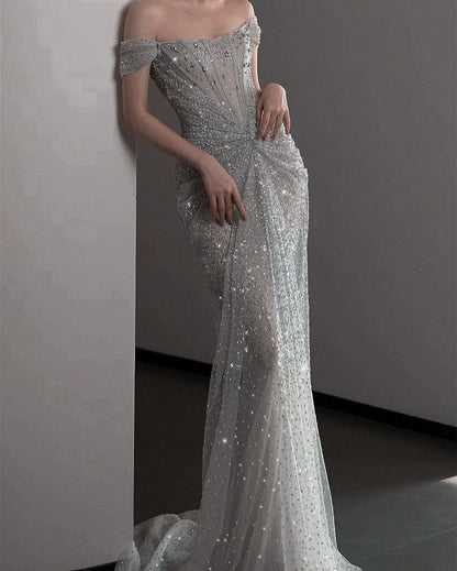 Bezauberndes, kurzes Meerjungfrauen-Abendkleid mit silbernen Pailletten und Perlenstickerei, langes Kleid mit kurzen Ärmeln, AB1514