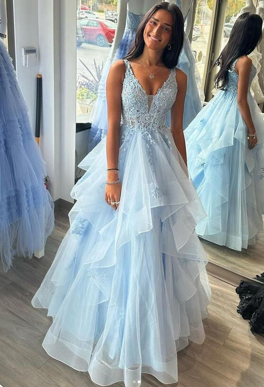 Robe de bal chic pour femme, col en V, tulle bleu ciel clair, longue, robe de soirée formelle AB1797