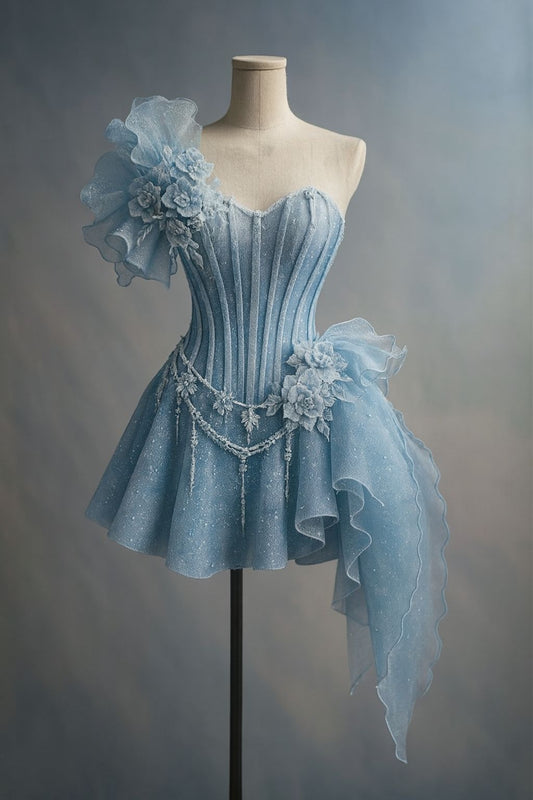 Cute A line One Shouldr Blue Sequin Hoco & Homecoming Dress With Flowers Short Party Dresses RB6454