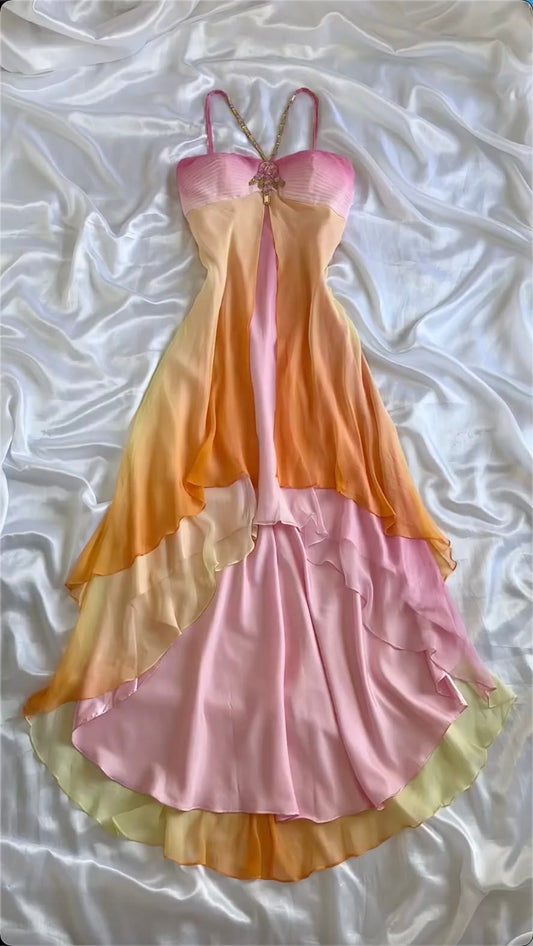 Vintage A Line Halter Gradient Colors High Low Prom Dresses Impress 18th Birthday Outfits Evening Gowns RB8950