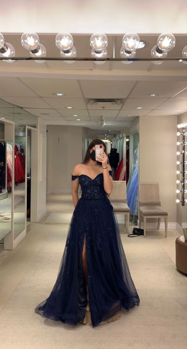 Ballkleid schulterfrei, marineblau, bodenlang, formelles Tüllkleid mit Schlitz, Abendkleid AB742