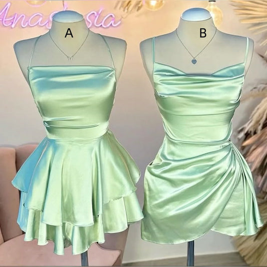 Beautiful A Line Sage Green Silky Satin With Ruffled Short Freshman Graduation Dresses Inspo Senior Homecoming Outfits RB4722