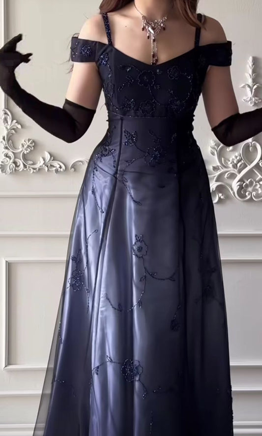 Vintage A-Linie 90er Träger Ombré Blau Farbverlauf Formelles Kleid Lange Abschlussballkleider N2812