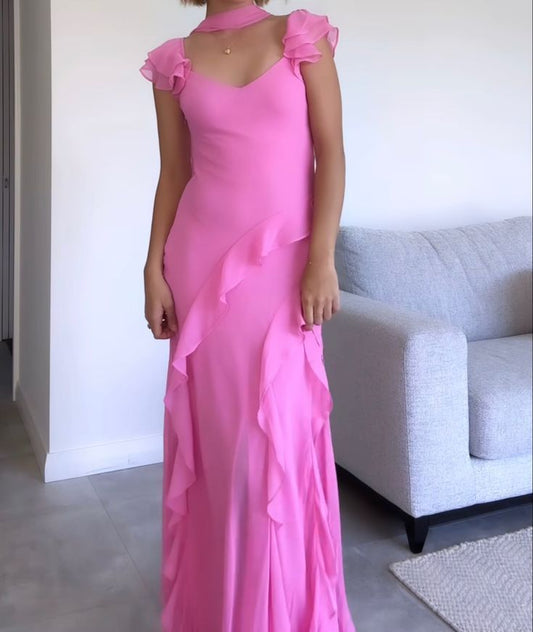 Wunderschönes, langes, rosafarbenes Chiffon-Abendkleid mit V-Ausschnitt, Rüschen und Schleife, auch als Partykleid oder Hochzeitsgastkleid geeignet (N250)