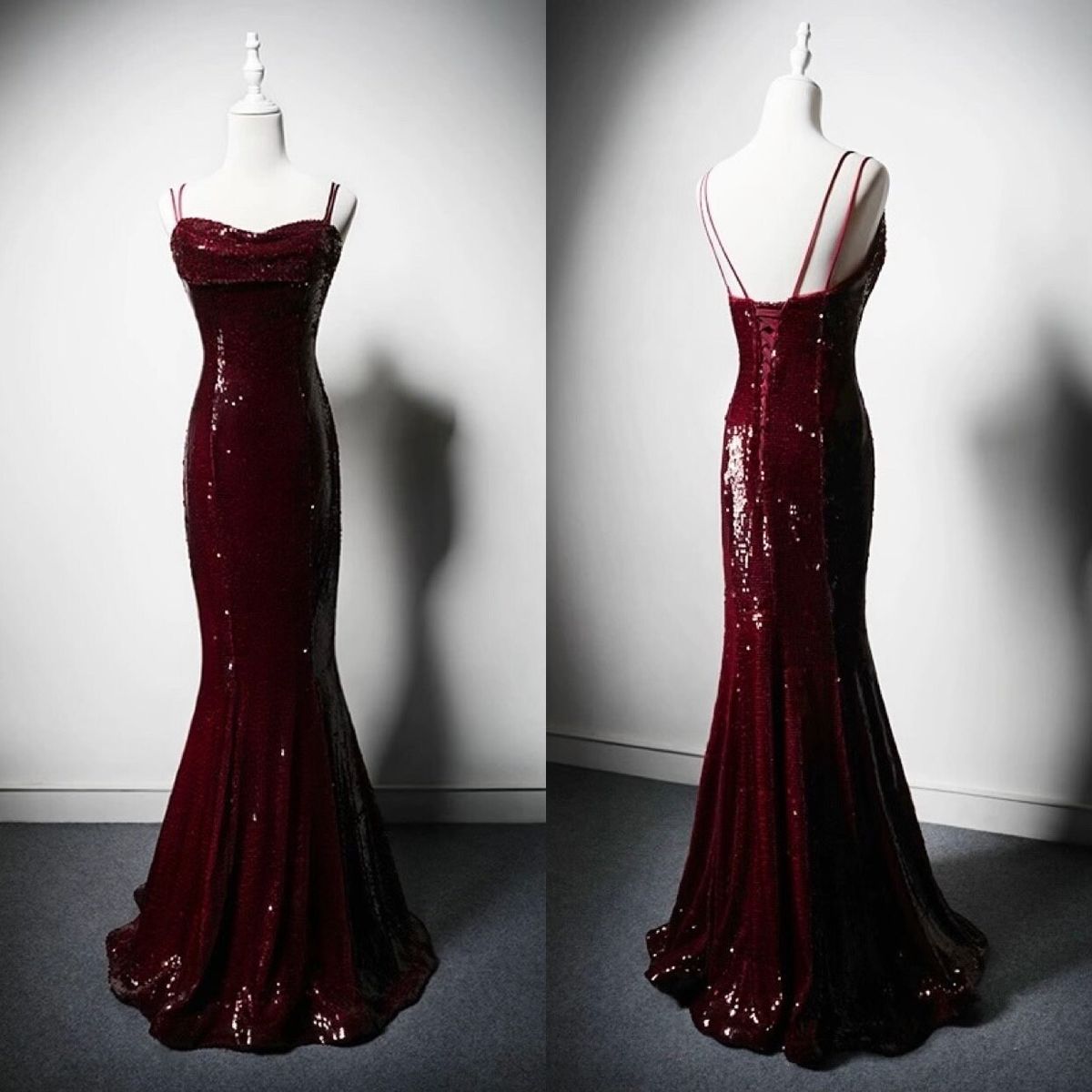 Shinning Mermaid Spaghetti Straps Burgundy Sequins For Women Party Dresses Long Formal Prom Dress 22th Birthday Gown AB1358
