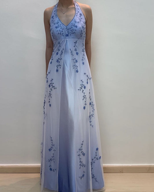 Vintage Y2K A-Linie Neckholder Blau Farbverlauf Ärmelloses langes Abendkleid zum 21. Geburtstag Abschlussballkleider N2407