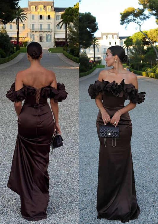 Schickes Meerjungfrauen-Abendkleid aus schwarzem Satin mit schulterfreien kurzen Ärmeln, langes Ballkleid N2817