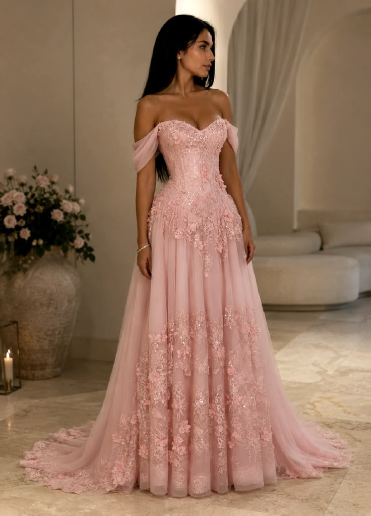 Elegant A Line Off The Shoulder Pink Lace With Appliqued Perfection-Formal Goals Nigh Evening Long Prom Dress Party Outfits RB6752