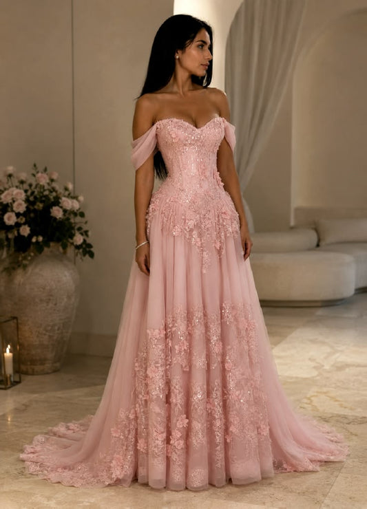 Elegant A Line Off The Shoulder Pink Lace With Appliqued Perfection-Formal Goals Nigh Evening Long Prom Dress Party Outfits RB6752