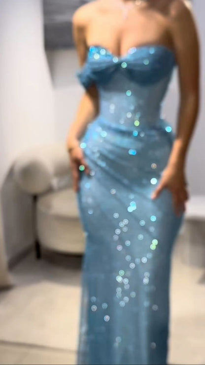 Elegant Mermaid Sweetheart Sequin Blue With Pleated Prom Dresses For Teens Formal Dress 18th Birthday Outfits Prom Gown RB1503