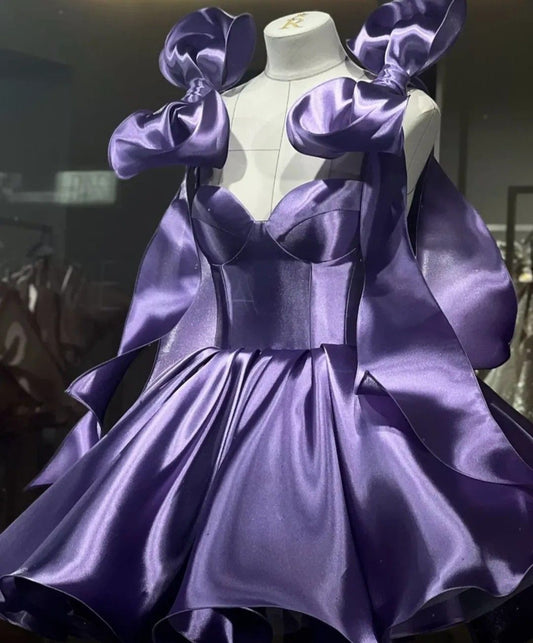 Chic Ball Gown Straps Purple With Bow Mini Homecoming Dress Inspo Short Graduation Dresses RB6887