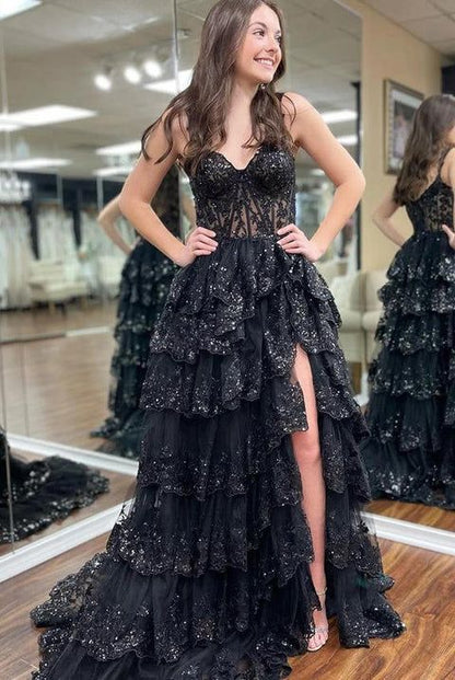 Robe de bal scintillante à épaules dénudées et fente en dentelle pour adolescentes, robe de soirée longue à sequins N791