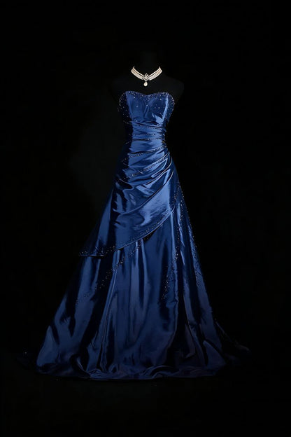 Sweetheart Satin A Line Prom Dress Beaded Formal Evening Dress N1790
