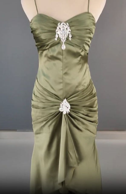 Robe de bal longue sirène élégante à fines bretelles en satin vert foncé, robe de soirée somptueuse N1782