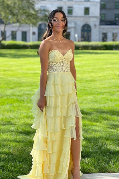 A line Sweetheart Pale Yellow Chiffon Flowy Ruffle Long Formal Gowns Prom Dresses Evening Dress AB711