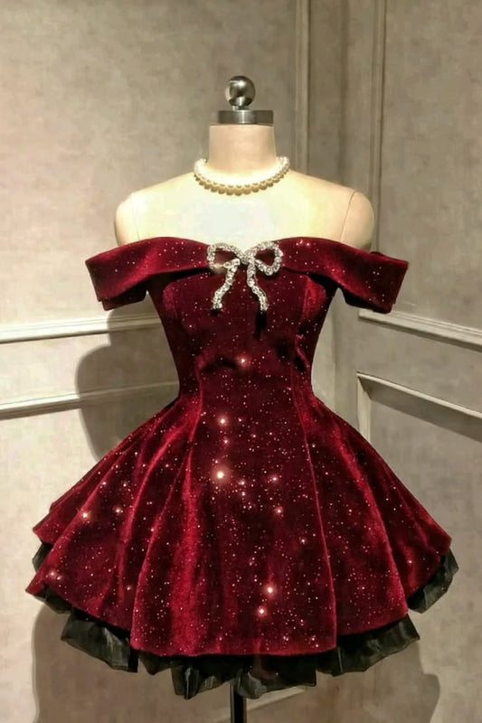 Simple Ball Gown Off The Shoulder Burgundy Velvet Short Mini 18th Birthday Party Homecoming Dresses RB6335