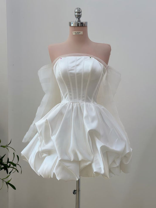 Timeless Ball Gown Strapless White Satin With Sleeves Short Brides Gown Bridal Dress Wedding Dresses RB6550