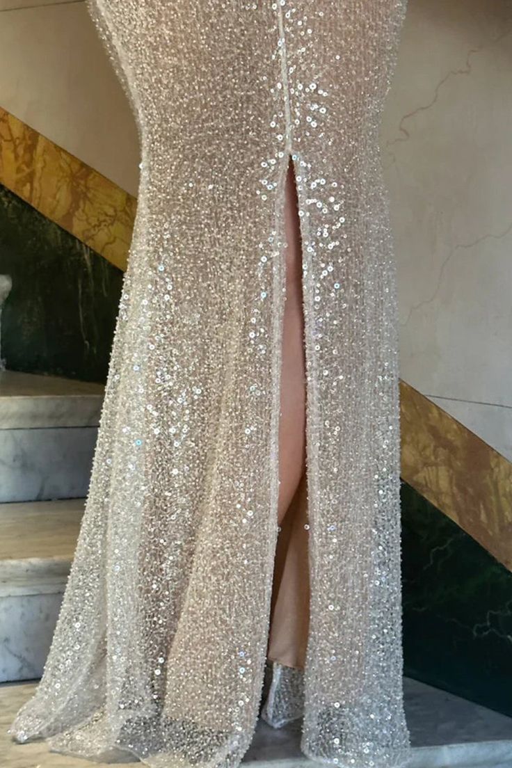 Einfaches rosa Pailletten-Abendkleid mit Meerjungfrauen-Trägern und Schlitz AB1593