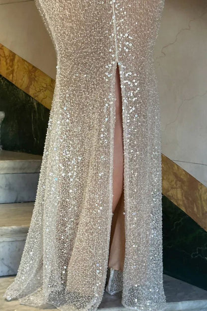 Einfaches rosa Pailletten-Abendkleid mit Meerjungfrauen-Trägern und Schlitz AB1593