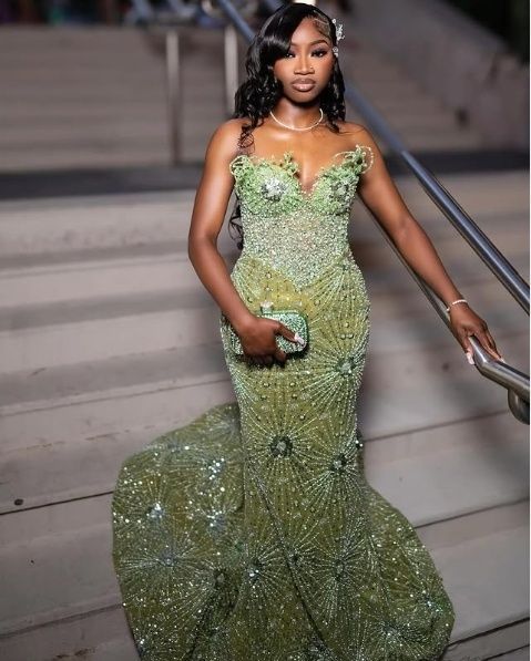 Robe de soirée longue sirène verte, robe de bal brillante, inspiration robes de fête, robe de princesse formelle N779