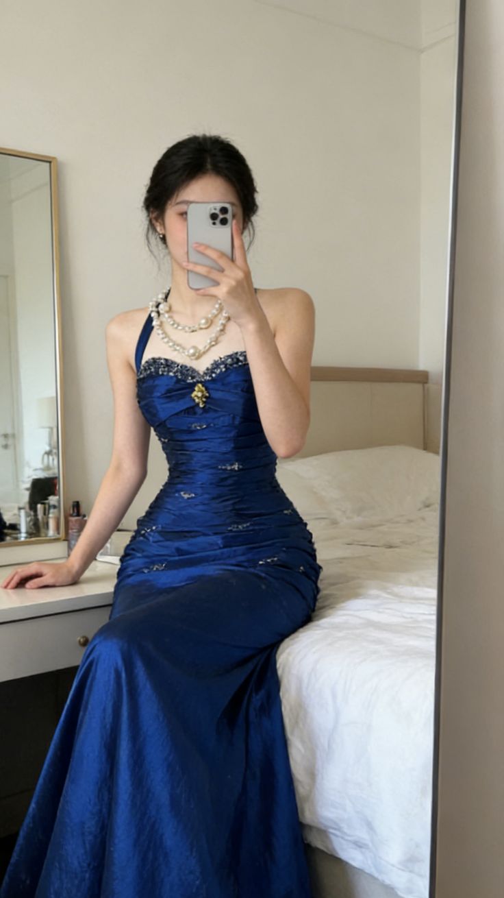 Robe de bal longue fourreau dos nu vintage, robe de soirée bleue en satin perlé, robe d'anniversaire sans manches N783