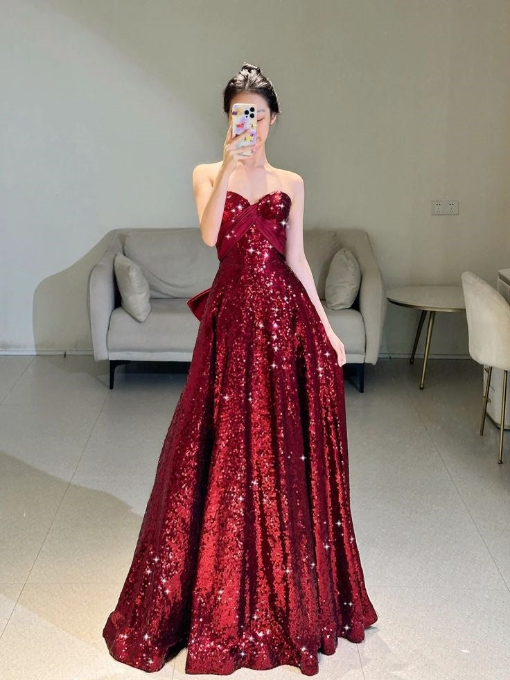 Funkelndes, rotes Paillettenkleid in A-Linie für Damen – langes, formelles Ballkleid zum 22. Geburtstag AB1351