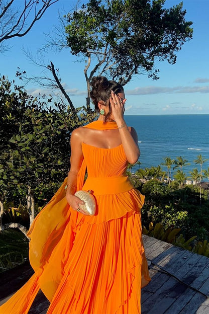 Charming Orange Strapless Sleeveless Chiffon Prom Dress A-Line With Zipper Pleats AB996