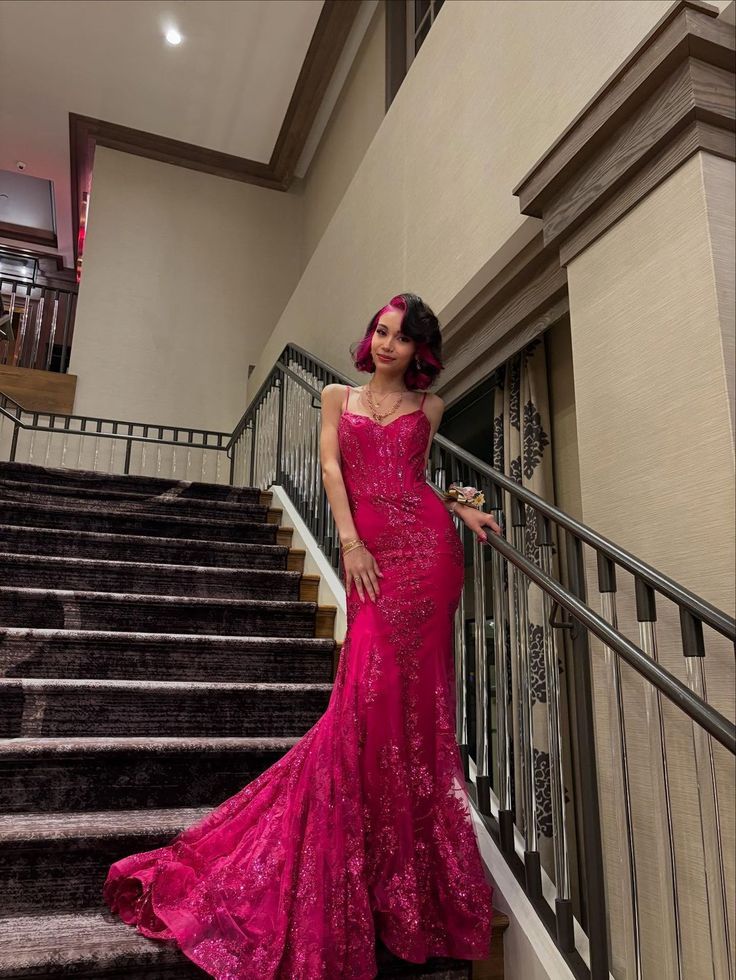 Sexy Mermaid Spaghetti Straps Hot Pink Lace Sequin Prom Dresses Long 18th Birthday Outfit High School Dance Party Dress RB1236