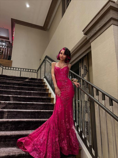 Sexy Mermaid Spaghetti Straps Hot Pink Lace Sequin Prom Dresses Long 18th Birthday Outfit High School Dance Party Dress RB1236