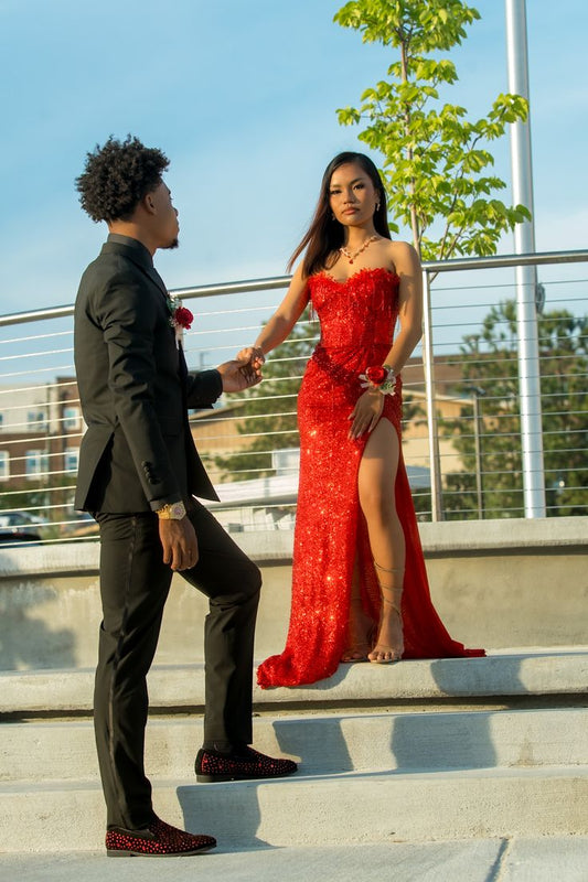 Glitter Mermaid Sweetheart Prom Dresses for Women Red Sequin Slit Evening Party Gown Formal Gown 18th Birthday Gowns AB813