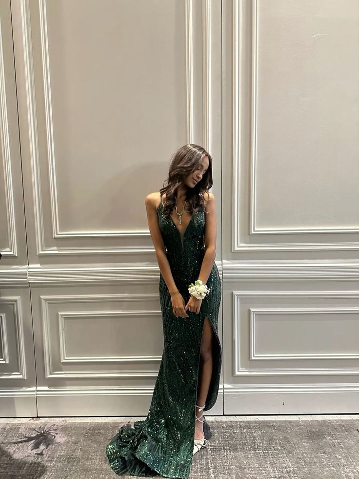Beautiful Mermaid Spaghetti Straps Dark Emerald Green Sequin Slit Long Prom Dresses Inspiration Prom Gown RB1304