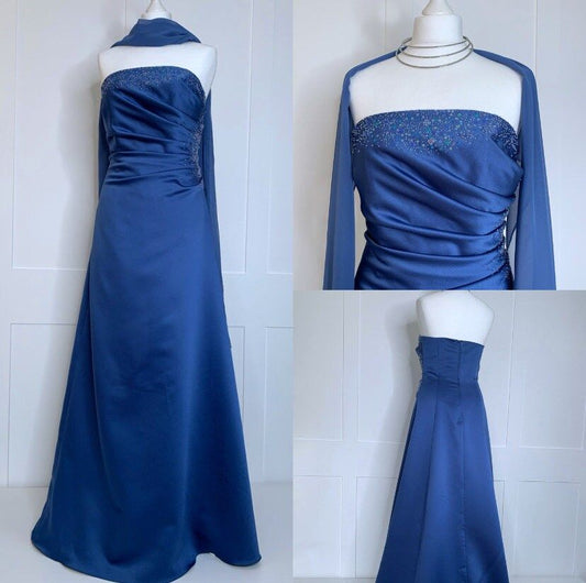 Bescheidene A-Linie, trägerlos, königsblaues Satin, mit Schal, ärmellos, langes Abendkleid, Ballkleid zum 18. Geburtstag, Abschlusskleider N2416