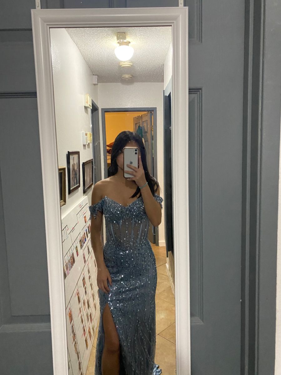 Robe de bal sirène scintillante à épaules dénudées, robe de soirée longue gris argenté fendue AB743