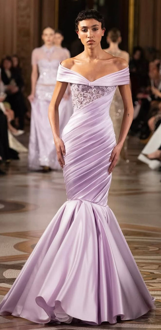 Elegantes Meerjungfrauen-Kleid schulterfrei, lila, mit kurzen Ärmeln, Satin, Abendkleid, zum 18. Geburtstag, Ballkleid N2814