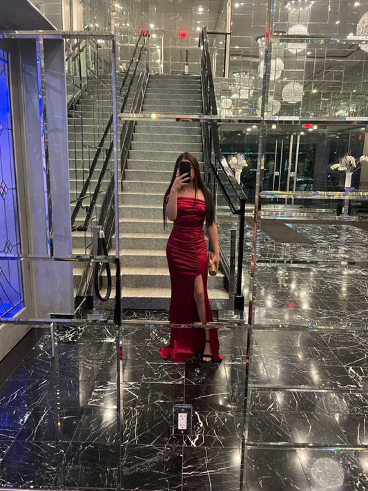 Sexy Mermaid Off The Shoulder Satin Burgundy Slit Prom Dresses With Ruffles Party Dress Evening Dresses AB1143