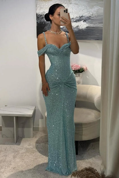Blaues Pailletten-Partykleid, schulterfrei, ärmellos, Ballkleid, Abendkleid AB1555