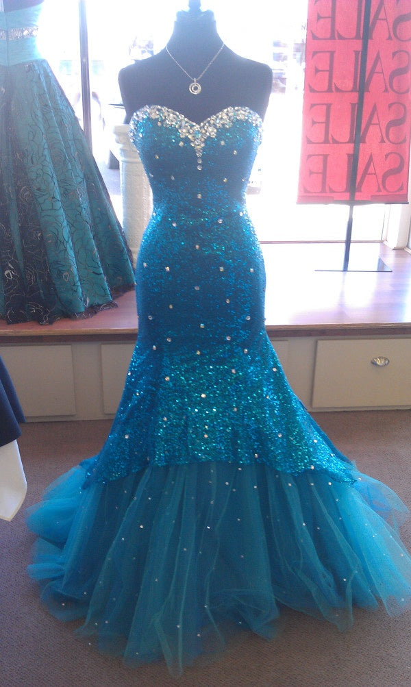 Glitzerndes Meerjungfrauen-Kleid mit Herzausschnitt, blau, Pailletten, langes formelles Ballkleid, 22. Geburtstagskleid AB1357