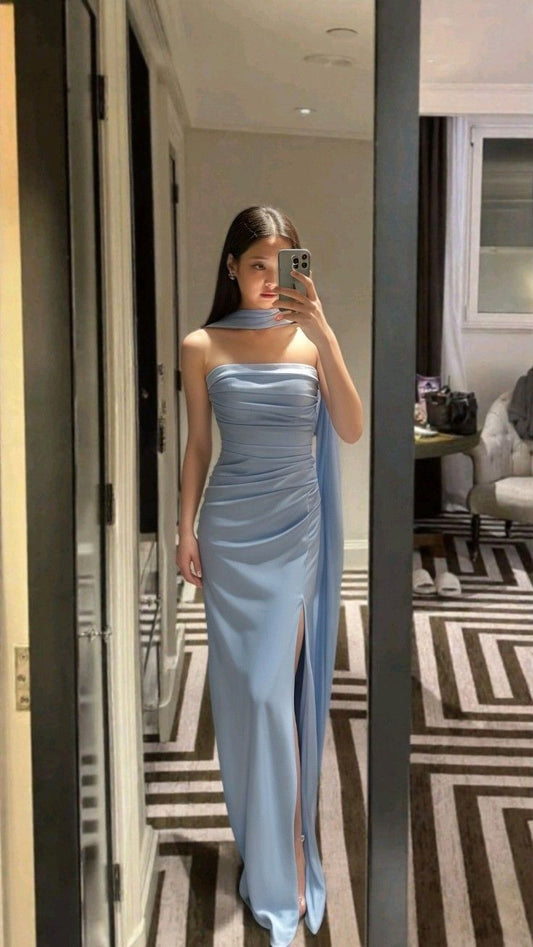 Einfaches trägerloses Meerjungfrauenkleid aus blauem Satin, lang, Strand, Frühling, Sommer, Garten-Inspiration, Hochzeitsgastkleider N2300