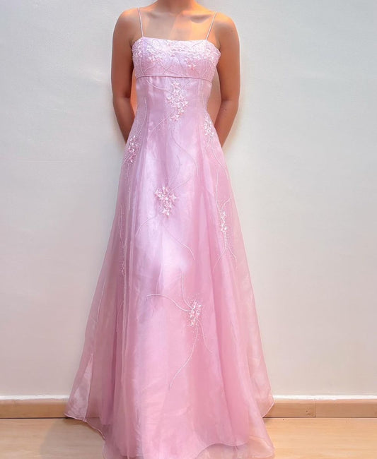 Vintage A-Linie 90er Spaghetti-Träger Pinkes Abendkleid Langes Ballkleid N2815