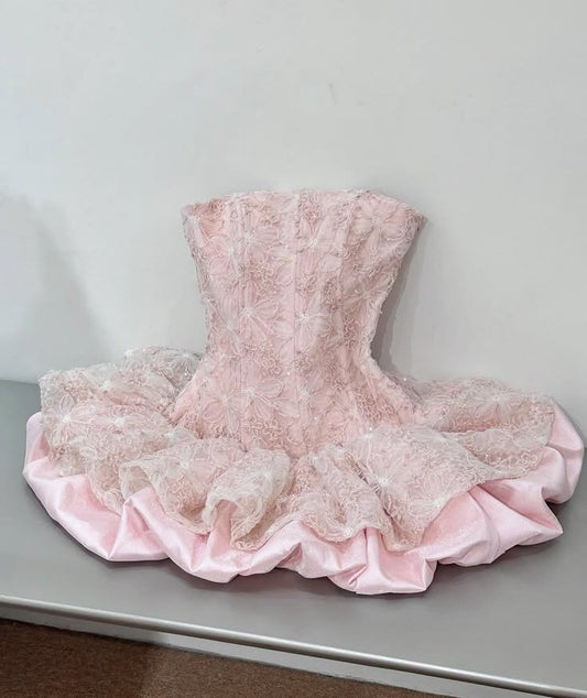 Cute Ball Gown Hoco & Homecoming Dress Strapless Pink With Lace Short Party Dresses RB6453