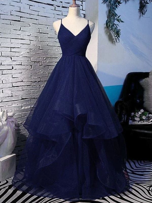 Glänzendes, marineblaues, langes Ballkleid mit V-Ausschnitt, ärmellos, flauschig, formelles Abendkleid AB694