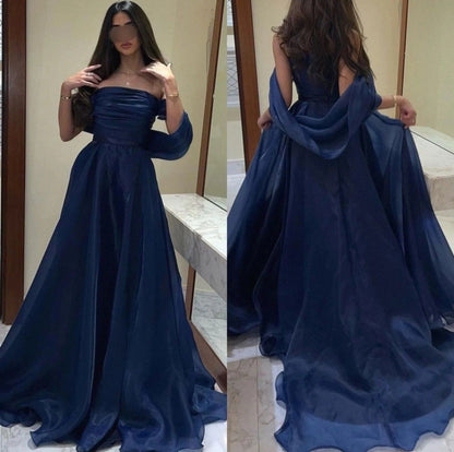 Robe de soirée longue en organza bleu marine, coupe trapèze, AB696
