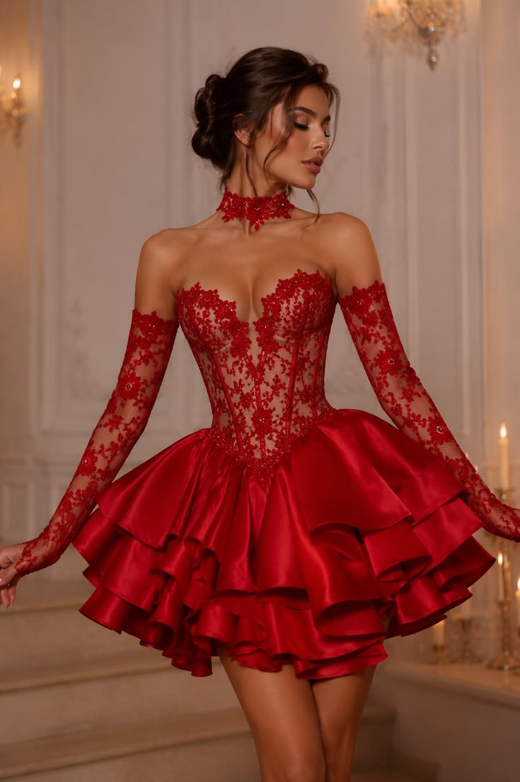 Sexy Homecoming Dresses Outfit inspo Ball Gown Sweetheart Red Lace Hoco Dress Cocktail Outfits RB9204