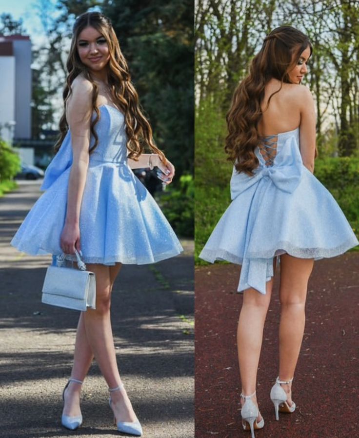 Glitzerndes Ballkleid Trägerlos Blau Pailletten Kurz Mini Korsett Eng Freshman High School Abschluss Hoco Outfit Homecoming Kleider RB4585