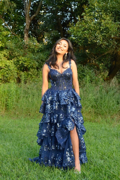 Robe de bal scintillante à épaules dénudées et fente en dentelle pour adolescentes, robe de soirée longue à sequins N791
