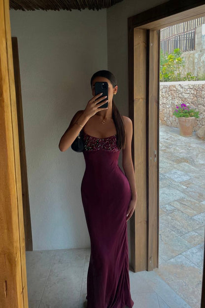 Elegantes Meerjungfrauen-Abendkleid mit Spaghettiträgern, burgunderrotem Satin, langes Abendkleid, formelles Partykleid, Vestidos De Dia AB573